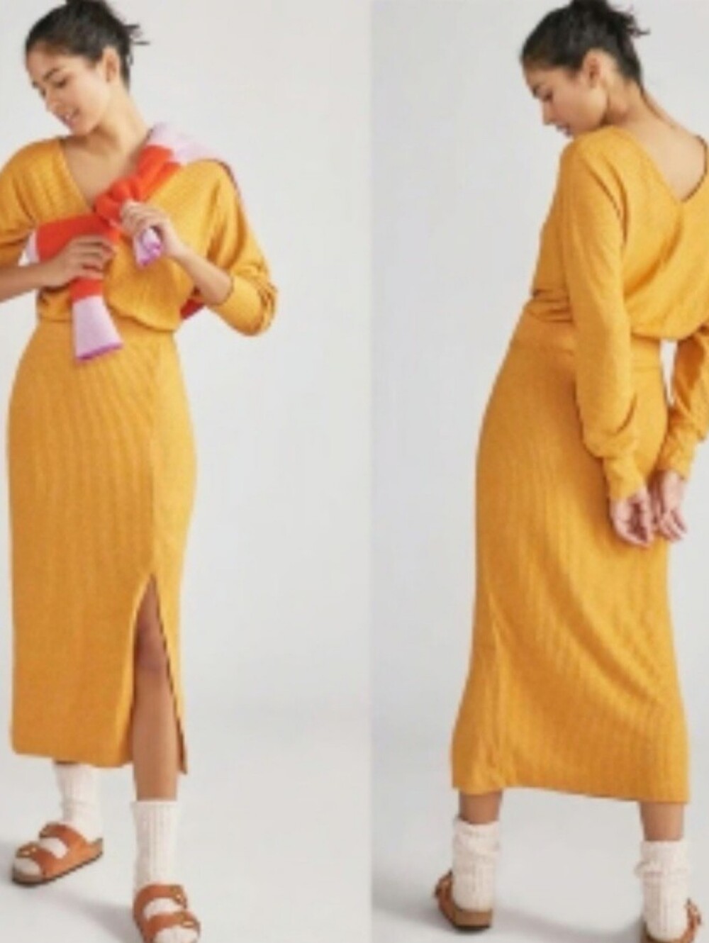 Anthropologie Daily Practice Barre Midi Dress Leg-Slit Ribbed Knit Sweater Dress